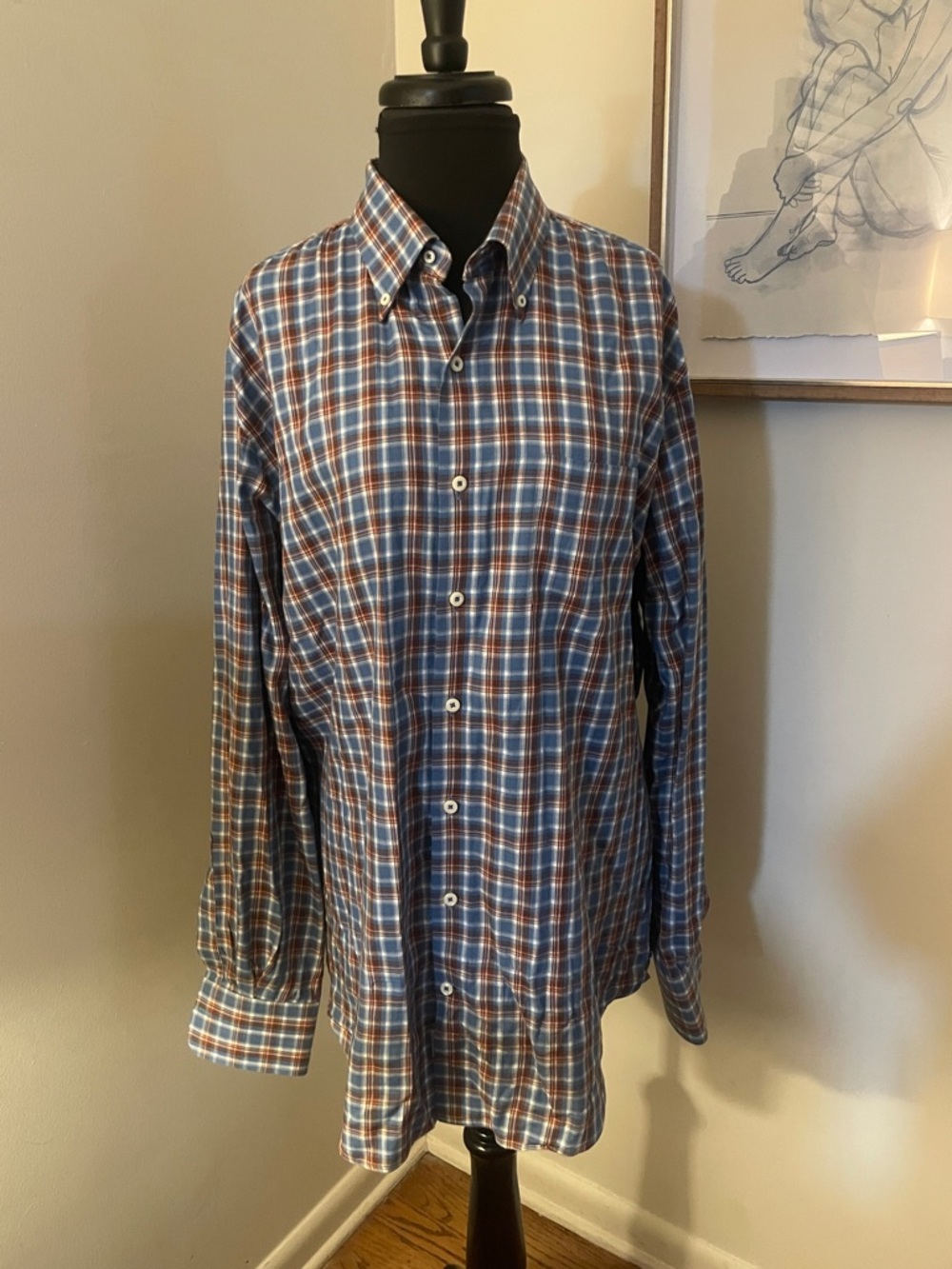Peter Millar | Blue and Brown Plaid Button-Down long sleeve Shirt-Size Large